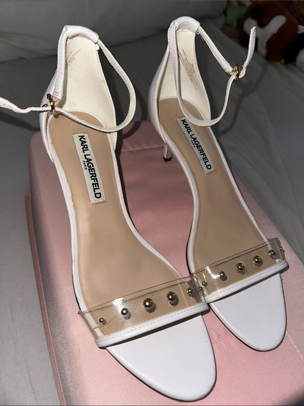 Karl Lagerfeld White Clear-Strap Studded Ankle-Strap Heels